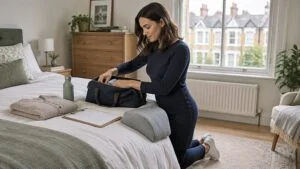 Woman in a London flat packing an overnight bag before BBL surgery, with a checklist, water bottle and a grey BBL wedge cushion on the bed