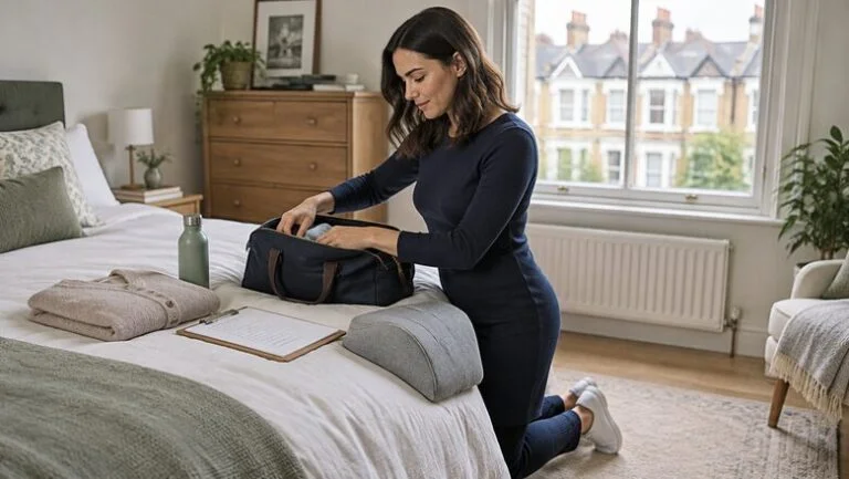 Woman in a London flat packing an overnight bag before BBL surgery, with a checklist, water bottle and a grey BBL wedge cushion on the bed