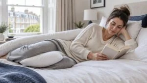 Woman in loungewear resting on her side in a London bedroom after a BBL, with a body pillow behind her back and a pillow between her knees