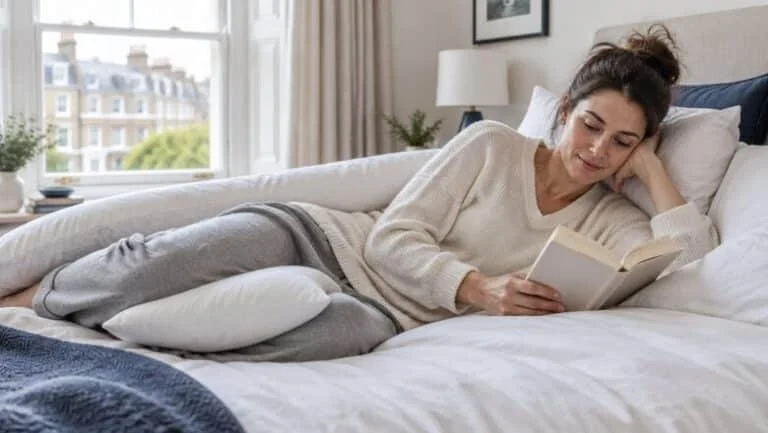 Woman in loungewear resting on her side in a London bedroom after a BBL, with a body pillow behind her back and a pillow between her knees