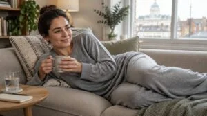 Woman recovering at home in London after BBL surgery, resting on her side on a sofa with a cup of tea