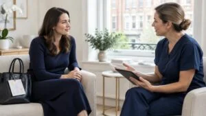 Mother discussing a mummy makeover with a BBL with a surgeon during a consultation at a London clinic