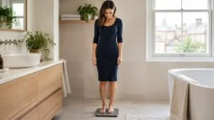 Woman in a navy dress checking her weight on bathroom scales at home in London before a BBL consultation