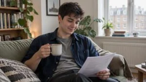 Trans man recovering at home after top surgery, reading his nipple graft aftercare notes