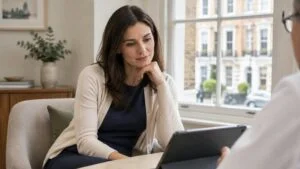 Woman in a London clinic consultation discussing whether a BBL can be reversed or reduced