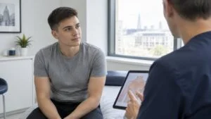Trans man discussing nipple sensation after top surgery with a plastic surgeon during a consultation in London