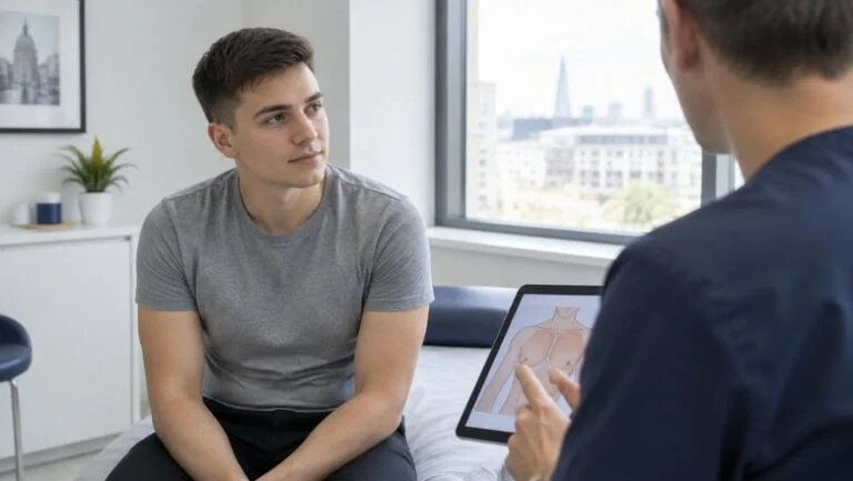 Trans man discussing nipple sensation after top surgery with a plastic surgeon during a consultation in London