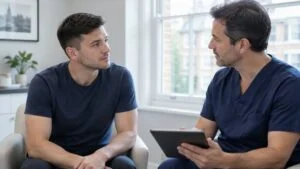 Trans man discussing pec implants after top surgery with a plastic surgeon during a consultation in London