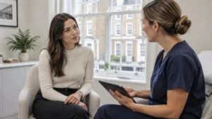 Woman discussing revision BBL options with a surgeon during a consultation at a London clinic