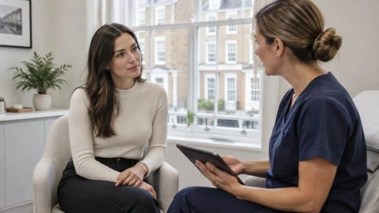 Woman discussing revision BBL options with a surgeon during a consultation at a London clinic
