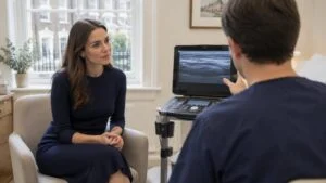 Woman in a London consultation room listening as a surgeon explains an ultrasound scan of the skin, fat and muscle layers used to guide a safe BBL