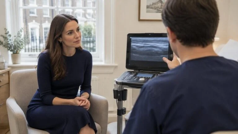 Woman in a London consultation room listening as a surgeon explains an ultrasound scan of the skin, fat and muscle layers used to guide a safe BBL