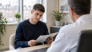 Trans man reading information about top surgery regret and outcomes during a consultation with a surgeon in London