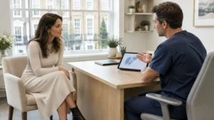 Woman discussing the different types of BBL with a surgeon during a consultation at a London clinic