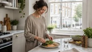Woman preparing a balanced lunch of salmon, brown rice and salad at home in London while recovering after BBL