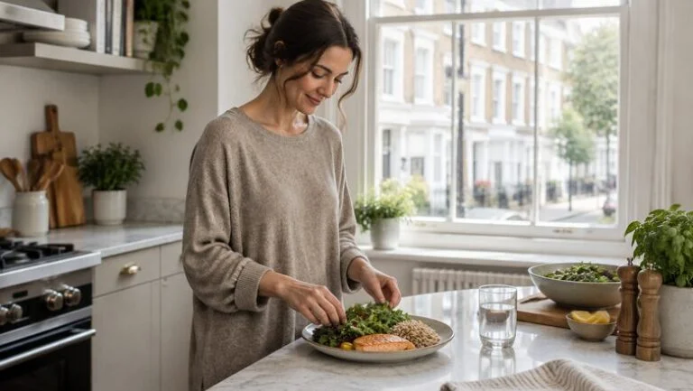 Woman preparing a balanced lunch of salmon, brown rice and salad at home in London while recovering after BBL