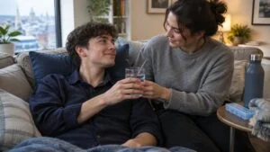 Partner handing a glass of water to a trans man resting propped up on pillows at home after top surgery