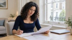 Woman in a London consultation room reading printed research on BBL death rate and safety statistics before deciding on surgery
