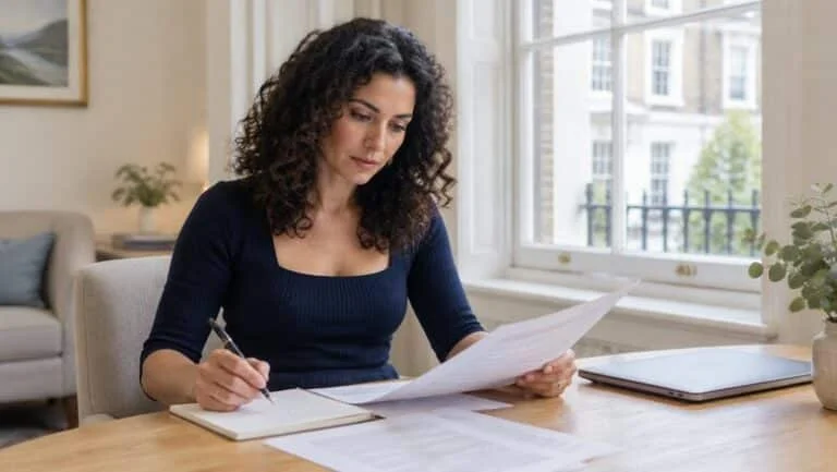 Woman in a London consultation room reading printed research on BBL death rate and safety statistics before deciding on surgery