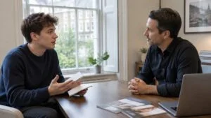 Trans man asking a plastic surgeon questions from a written list during a top surgery consultation in London