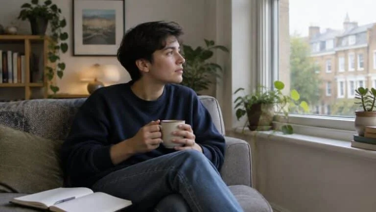 Trans man sitting on a sofa by the window at home in London, thinking about whether he wants top surgery