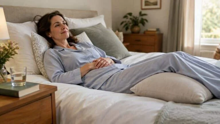 Woman resting on her back propped up on pillows with her knees supported, the recommended sleeping position after body lift surgery