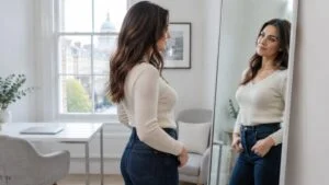 Woman in jeans and a cream knit top looking at her shape in a mirror in a London clinic room while considering HYAcorp buttock filler