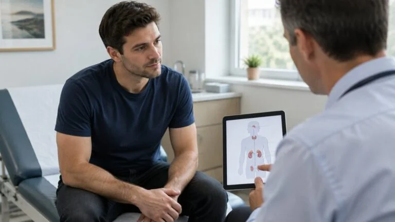 Man sitting on a clinic couch while a doctor explains how a hormone imbalance between oestrogen and testosterone causes gynecomastia