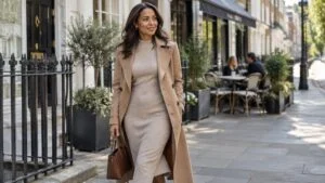 Woman in her forties in a knit dress and trench coat walking along a Marylebone street, illustrating long-term BBL results after 10 years