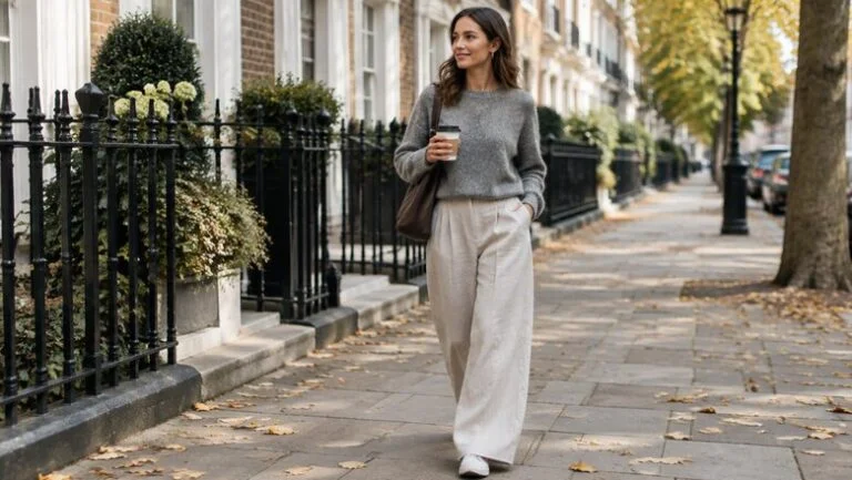 Woman walking along a leafy Marylebone street in London during the BBL fluffing stage of her recovery