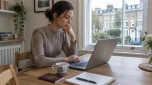 Woman at home in London researching BBL in Turkey on a laptop, with her passport and handwritten notes on the table
