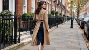 Woman in a navy dress and camel coat walking along a Marylebone street in London while weighing up a BBL or butt implants