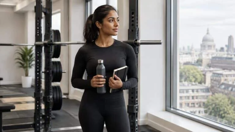 Woman in activewear standing by a squat rack in a London gym, weighing up glute training against a BBL