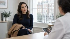 Woman in a London clinic consultation discussing butt injections versus a surgical BBL with a doctor
