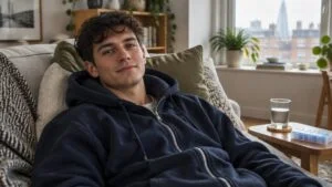 Trans man resting propped up on pillows at home in London during recovery after top surgery, with water and pain relief on the side table