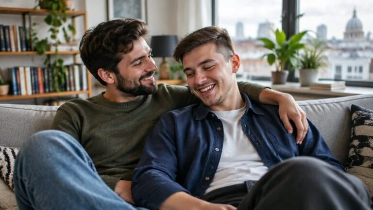 Trans man relaxing on a sofa with his partner during recovery after top surgery