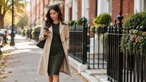 Woman in a midi dress and trench coat walking down a Marylebone street in London, reading about BBL surgery on her phone