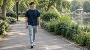 Trans man walking in a London park as part of returning to exercise after top surgery