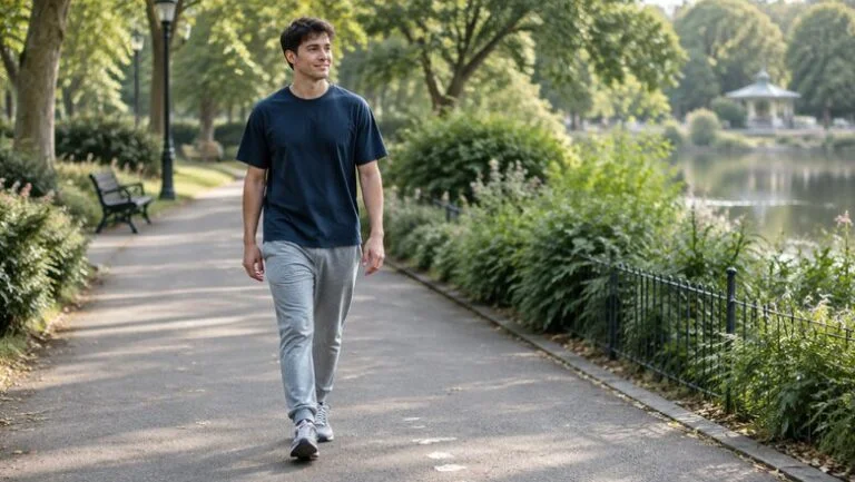 Trans man walking in a London park as part of returning to exercise after top surgery