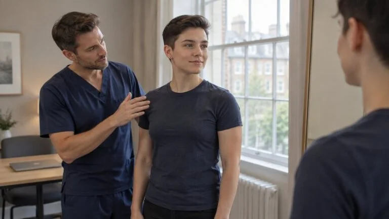 Trans man discussing chest contouring and liposuction with top surgery during a consultation with a plastic surgeon in London