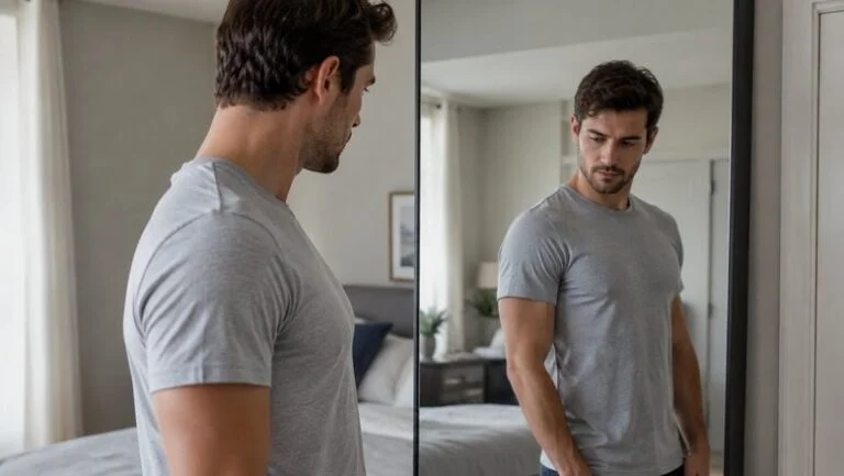 Man in a fitted t-shirt looking at the outline of his chest in a mirror while working out his gynecomastia grade