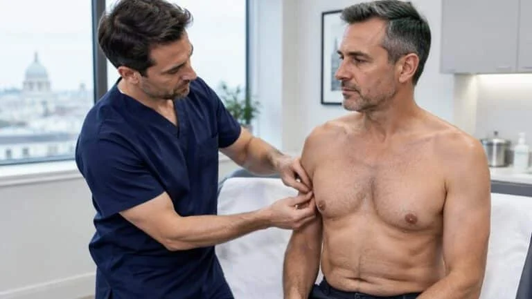 Plastic surgeon assessing the chest skin of a male patient at a consultation to judge the risk of loose skin after gynecomastia surgery