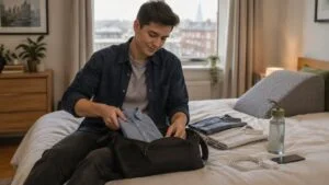 Trans man packing button-up shirts into an overnight bag at home while preparing for top surgery