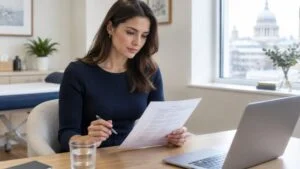 Woman reading a checklist of questions to ask a BBL surgeon during a consultation at a London clinic