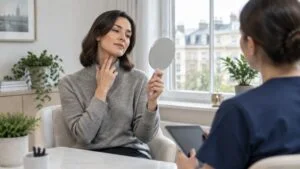 Woman touching the front of her neck while looking in a hand mirror during a consultation about removing her Adam's apple at a London clinic