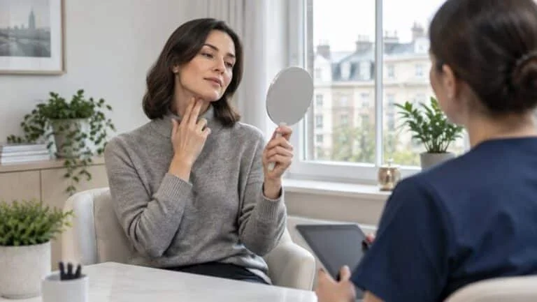 Woman touching the front of her neck while looking in a hand mirror during a consultation about removing her Adam's apple at a London clinic