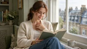 Woman reading aloud from a book by a window in a London flat, illustrating whether a tracheal shave changes your voice