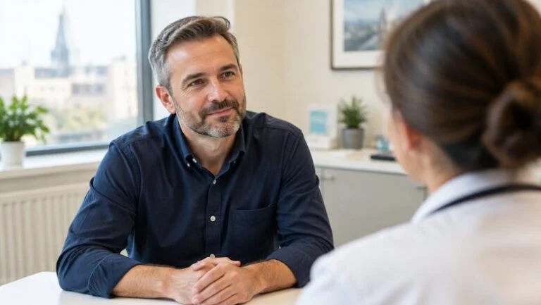 Man in his forties listening at a gynecomastia surgery consultation in a London clinic