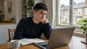 Trans man at a kitchen table in his London flat researching the different types of top surgery on a laptop