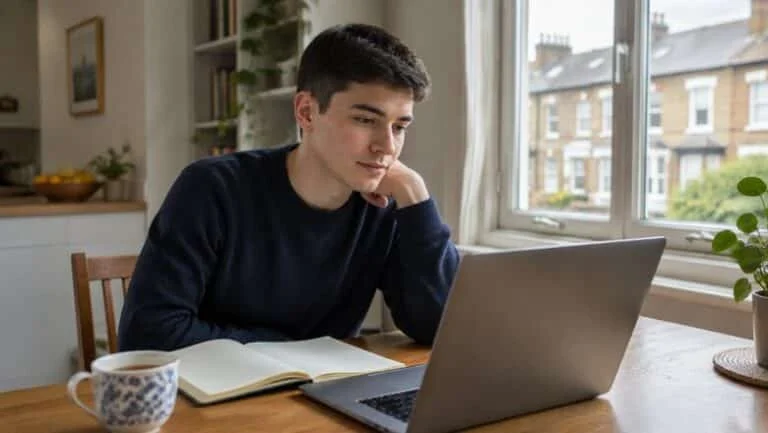 Trans man at a kitchen table in his London flat researching the different types of top surgery on a laptop